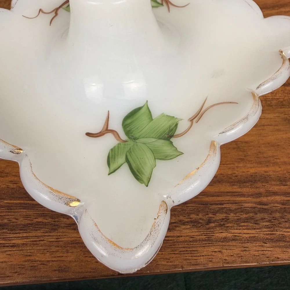 Vintage Milk Glass Hurricane Lamp Base Scalloped Square Ivy Leaf Gold Trim 7in